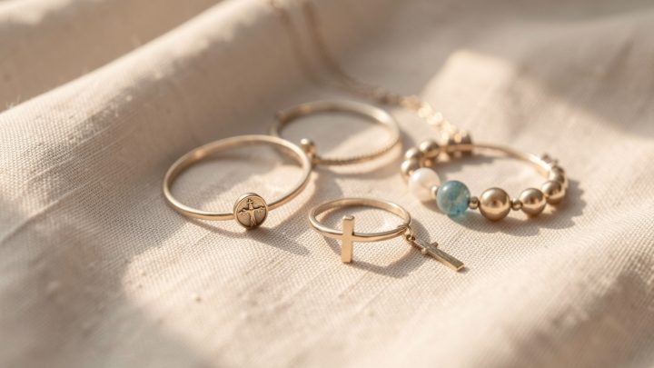 Sélection élégante de bijoux spirituels disposés sur un tissu clair, lumière douce et ambiance raffinée et lumineuse.