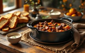 Table familiale chaleureuse avec une cocotte de civet de sanglier, assiettes creuses et pain de campagne, éclairage doux de dimanche.