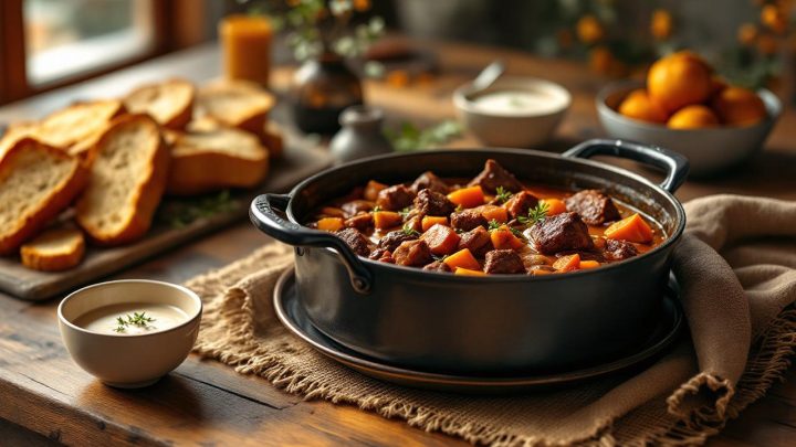 Table familiale chaleureuse avec une cocotte de civet de sanglier, assiettes creuses et pain de campagne, éclairage doux de dimanche.