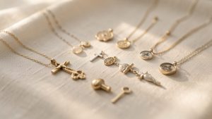 Sélection élégante de bijoux spirituels disposés avec soin sur un tissu clair, éclairage doux et ambiance intime et raffinée.