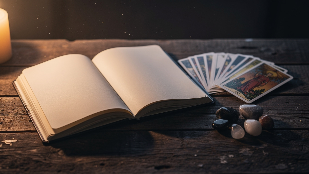 Carnet ouvert sur une table en bois, cartes de tarot et pierres posées, ambiance sobre et spirituelle avec une lumière chaude et douce.