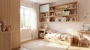Chambre d’enfant lumineuse et moderne avec mobilier en bois clair, rangements pratiques, lit et bureau évolutifs, lumière douce du matin.