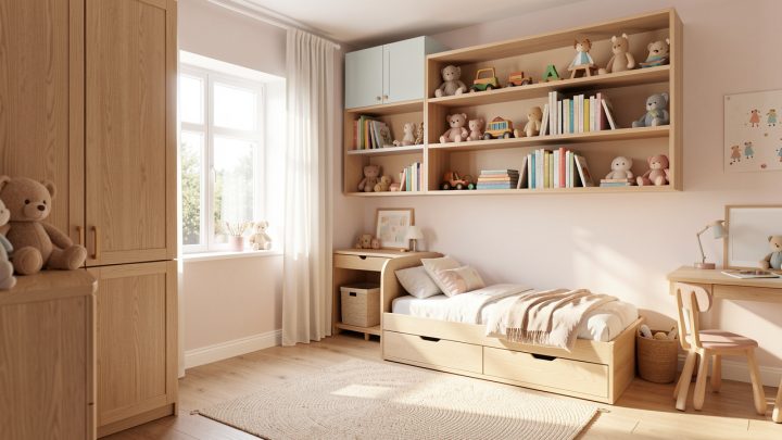 Chambre d’enfant lumineuse et moderne avec mobilier en bois clair, rangements pratiques, lit et bureau évolutifs, lumière douce du matin.