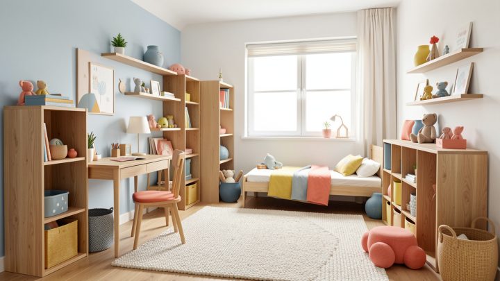 Chambre d’enfant lumineuse et évolutive avec rangements en bois, bureau, tapis doux et décoration sobre aux touches colorées.