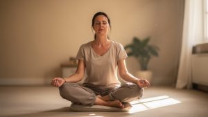 Une femme assise en silence dans un intérieur calme, les yeux fermés, attentive à ses ressentis et à l’ambiance du lieu.