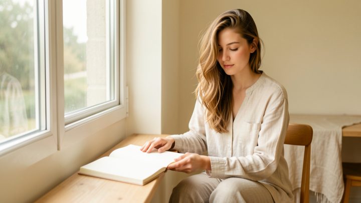Une jeune femme assise près d’une grande fenêtre, avec un carnet ouvert dans un intérieur minimaliste baigné de lumière douce.