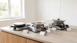 Cuisine lumineuse présentant trois robots de cuisine différents sur un plan de travail, accompagnés de cartes vierges disposées comme un comparatif visuel.