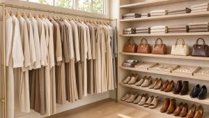 Dressing féminin lumineux présentant des vêtements aux tons neutres, des chaussures et des accessoires soigneusement organisés dans une ambiance élégante et apaisante.