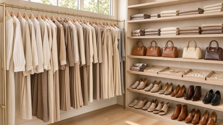 Dressing féminin lumineux présentant des vêtements aux tons neutres, des chaussures et des accessoires soigneusement organisés dans une ambiance élégante et apaisante.