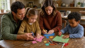 Une famille réunie autour d’une table de cuisine chaleureuse, où deux enfants dessinent et découpent du papier avec du matériel créatif simple, éclairés par la lumière naturelle.