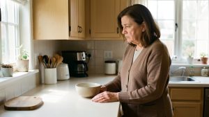 Une femme seule au regard inquiet se tient dans une cuisine familiale et observe le plan de travail éclairé par la lumière naturelle.