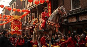 Défilé coloré du Nouvel An chinois avec un cheval décoratif dans une rue animée.