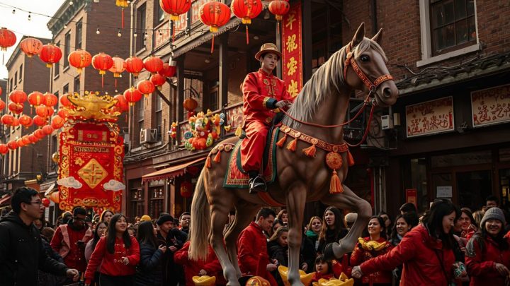 Défilé coloré du Nouvel An chinois avec un cheval décoratif dans une rue animée.